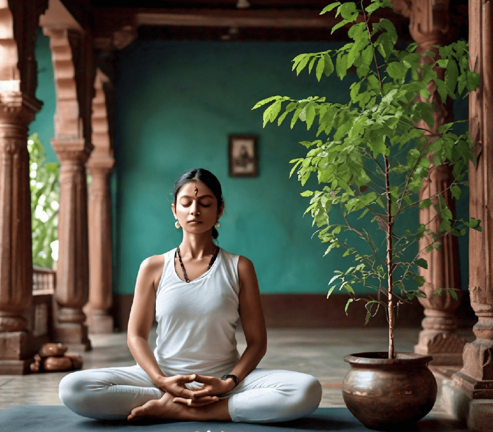 serene image of a person meditating with Rudraksha beads, embodying inner peace and emotional balance